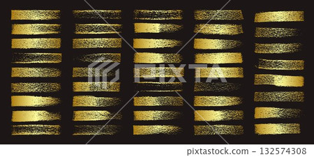 Golden brush strokes, lines, ink smudges, hand-drawn scribble shapes. Handmade sketchy marks, acrylic stains, charcoal streaks. Paint textures, dry brush effect. Marker underline. Vector illustration 132574308