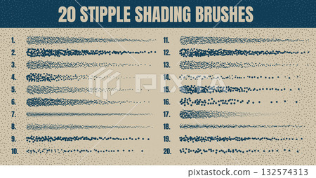 Ink scatter brush, stipple drawing and texturing. Fading gradient. Stippling, dotwork drawing, shading using dots. Halftone disintegration effect. White noise grainy texture. Vector illustration 132574313