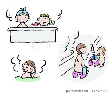 Mother and toddler bathing scene 132574319