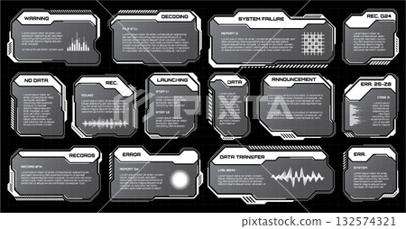 White futuristic HUD, UI elements. Sci-fi user interface text boxes, callouts. Warning message frames, information boxes template. Modern game interface layout in digital style. Vector illustration White futuristic HUD, UI elements. Sci-fi user interface text boxes, callouts. Warning message frames, information boxes template. Modern game interface layout in digital style. Vector illustration 132574321