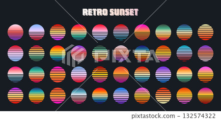 Vintage colorful sunset. Striped gradient sunrise badges in 80s and 90s style. Sun and ocean view, summer vibes, surfing. Design element for print, logo or t-shirt. Vector illustration Vintage colorful sunset. Striped gradient sunrise badges in 80s and 90s style. Sun and ocean view, summer vibes, surfing. Design element for print, logo or t-shirt. Vector illustration 132574322