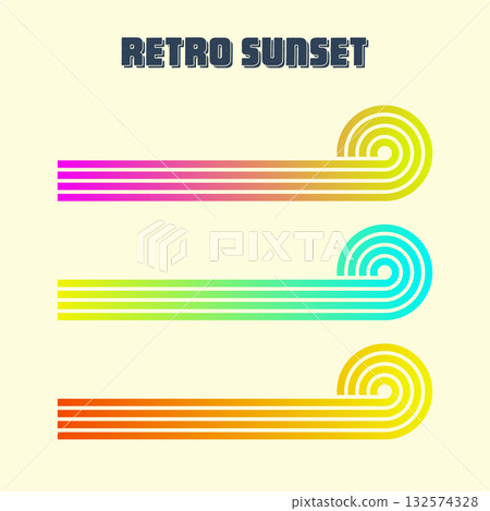 Vintage colorful sunset. Various gradient striped sunrise badges in 80s and 90s style. Sun and ocean view, summer vibes, surfing. Design element for print, logo or t-shirt. Vector illustration Vintage colorful sunset. Various gradient striped sunrise badges in 80s and 90s style. Sun and ocean view, summer vibes, surfing. Design element for print, logo or t-shirt. Vector illustration 132574328