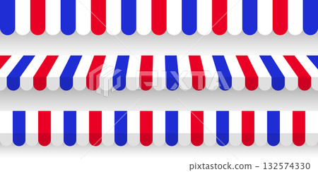 Shop sunshade. Realistic striped cafe awning. Outdoor market tent. Roof canopy in French flag colors. Summer street store. Vector illustration. 132574330