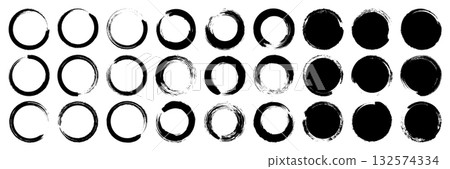 Grunge circles, brush strokes, lines, ink smudges, hand-drawn scribble shapes. Handmade sketchy marks, acrylic stains, charcoal streaks. Paint textures, dry brush effect. Vector illustration 132574334