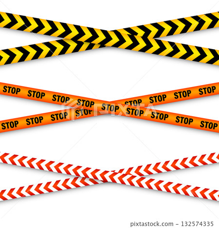 Barricade construction tape. Colorful police warning line, brightly colored danger or hazard stripe, ribbon. Restricted area, zone. Attention symbol. Vector illustration 132574335