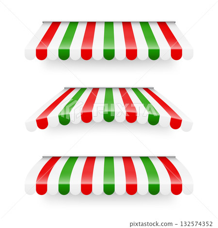 Shop sunshade. Realistic striped cafe awning. Outdoor market tent. Roof canopy in Italian flag colors. Summer street store. Vector illustration 132574352