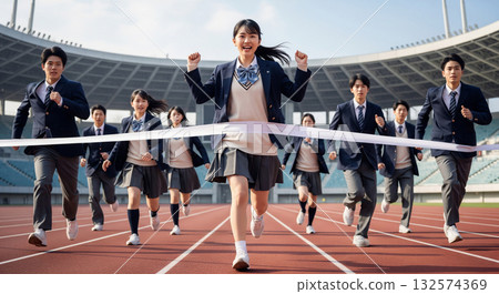 一位高中女生比其他人都先到達終點——考試圖片 132574369