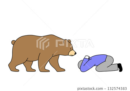 A simple line drawing vector illustration of a man crouching down to protect himself from an approaching bear A simple line drawing vector illustration of a man crouching down to protect himself from an approaching bear 132574383
