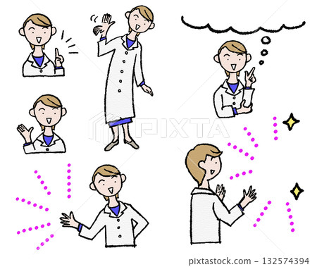 Illustration of a female researcher in a white coat explaining 132574394