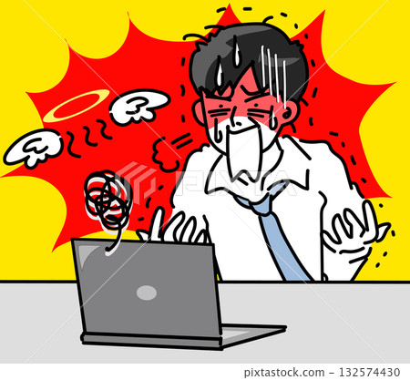 一幅簡單的插圖，描繪了一位年輕的男性辦公室職員遇到電腦故障的場景。 132574430