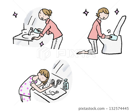 插圖描繪了一位女士打掃衛生並進行晨浴的場景。 插圖描繪了一位女士打掃衛生並進行晨浴的場景。 132574445
