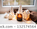 Cozy Christmas Village Miniatures With Candlelight And Warm Home Decor Scene 132574564