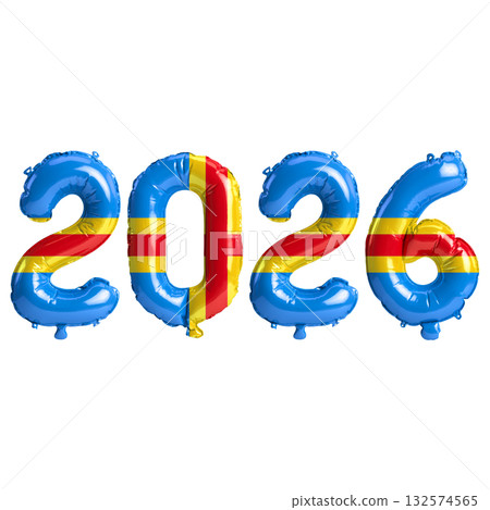 Aland flag colors 2026 3d illustration, balloon numbers 3d rendering on tra.. 132574565