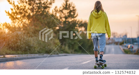 Skateboarder in a vibrant chartreuse hoodie enjoys a peaceful ride as the sun sets on a quiet street lined with trees 132574832