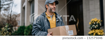 Delivery man carrying a package in front of a house surrounded by flowers showcasing logistics concept 132575046