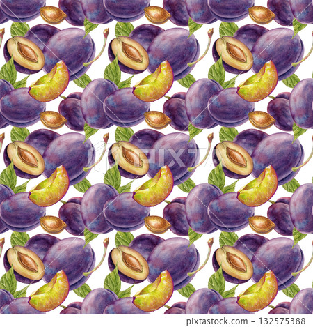 Watercolor seamless pattern with plums, hand-drawn. Botanical fruit template with whole plums, slices, pits and green leaves on a white background. For wallpaper, packaging, textiles, and tableware. 132575388