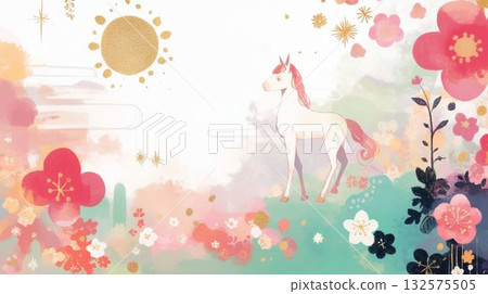 2026年新年賀卡插圖：一幅奇幻的風景畫，金色的太陽和花卉圖案交相輝映。 132575505