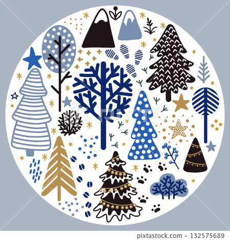 Round Christmas illustration winter forest vector isolated set 132575689