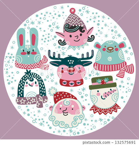 Cute Christmas animal characters round illustration vector set Cute Christmas animal characters round illustration vector set 132575691