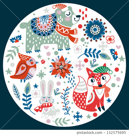 Christmas characters and winter elements vector illustration 132575695