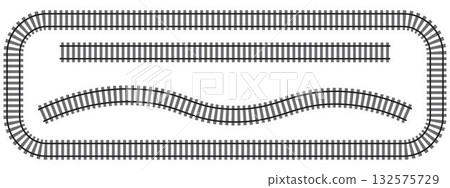 Set of railroad segments. Rail road elements top view. Train track straight and wavy lines, rectangular frame isolated on white background. Fence or ladder texture. Vector graphic illustration 132575729