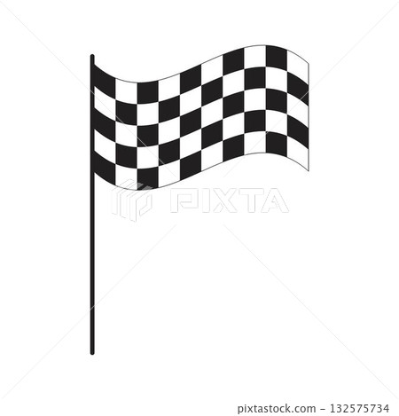 Race flag with checkered black and white print. Start or finish signal tool on sport car competitions. Karting, rally or motocross prop. Victory, trophy or success symbol. Vector graphic illustration 132575734