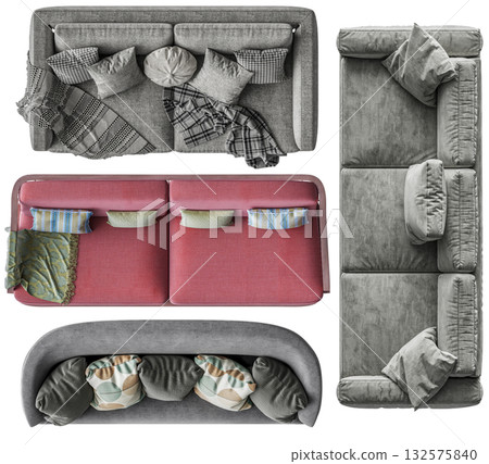 Four highly-detailed 3D sofa renders from a top-down perspective Four highly-detailed 3D sofa renders from a top-down perspective 132575840