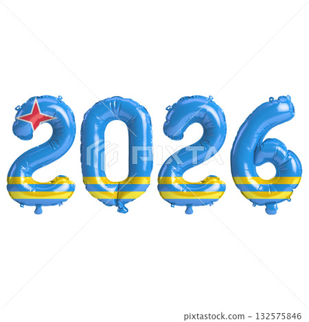 Aruba flag colors 2026 3d illustration, balloon numbers 3d rendering on tra.. Aruba flag colors 2026 3d illustration, balloon numbers 3d rendering on tra.. 132575846