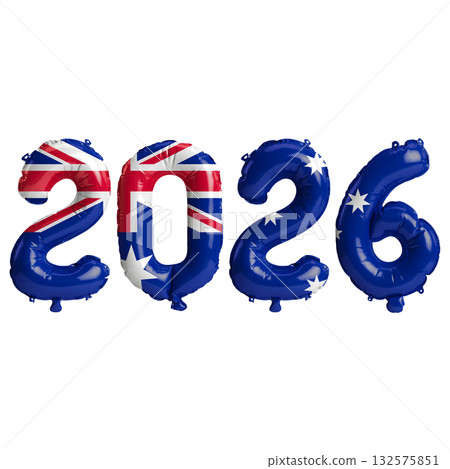 Australia flag colors 2026 3d illustration, balloon numbers 3d rendering on.. 132575851