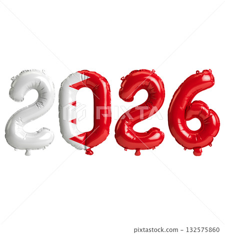 Bahrain flag colors 2026 3d illustration, balloon numbers 3d rendering on t.. Bahrain flag colors 2026 3d illustration, balloon numbers 3d rendering on t.. 132575860