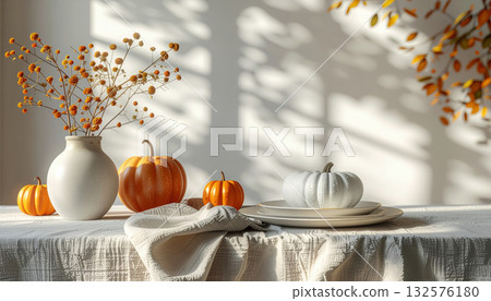 Autumn themed table setting with pumpkins and vases on sunlit table 132576180