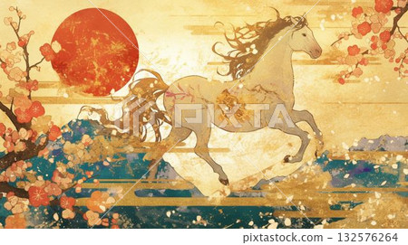 2026年新年賀卡插圖：太陽和白馬 132576264