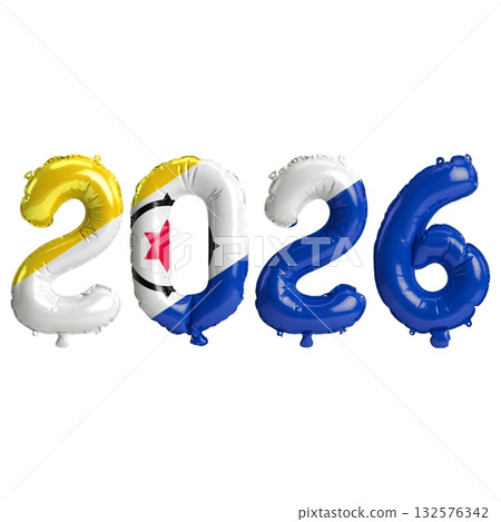 Bonaire flag colors 2026 3d illustration, balloon numbers 3d rendering on t.. 132576342