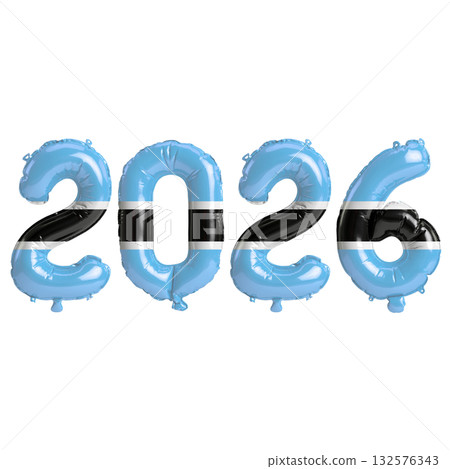 Botswana flag colors 2026 3d illustration, balloon numbers 3d rendering on .. 132576343