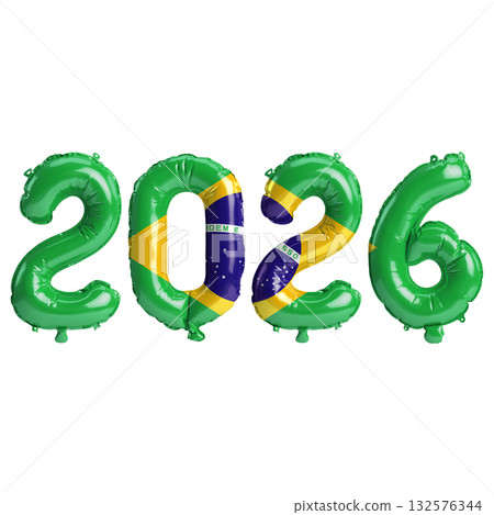 Brazil flag colors 2026 3d illustration, balloon numbers 3d rendering on tr.. 132576344