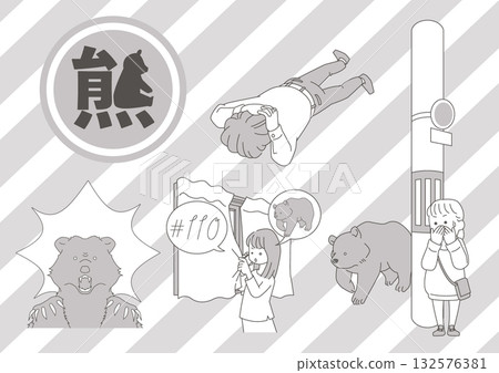 Illustration set of what to do when encountering a bear 132576381
