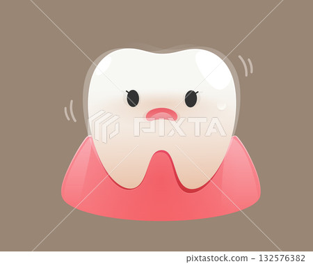 A cartoon of a wobbly and weak tooth in the gum. 132576382