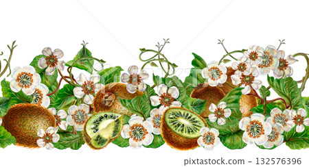 Horizontal seamless pattern of white blooming flowers, green leaves, kiwi fruit. Watercolor border on a white background for designs for drinks, tableware, ribbons, scrapbooking, food, textile 132576396