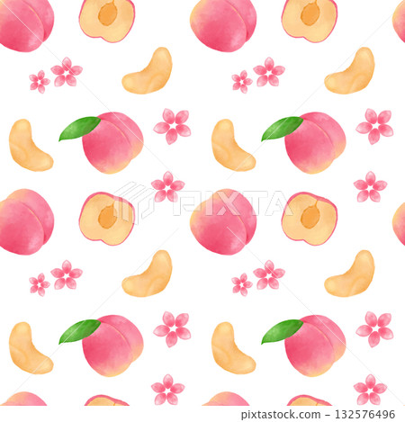 水彩桃子無縫圖案 | 可愛水果圖案，適用於布料、壁紙、春季裝飾、包裝紙、背景設計 132576496
