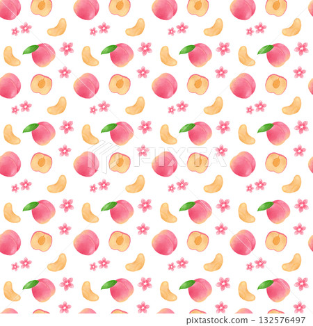 水彩桃子無縫圖案 | 可愛水果圖案，適用於布料、壁紙、春季裝飾、包裝紙、背景設計 132576497