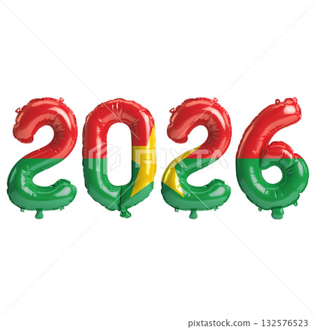 Burkina Faso flag colors 2026 3d illustration, balloon numbers 3d rendering.. 132576523