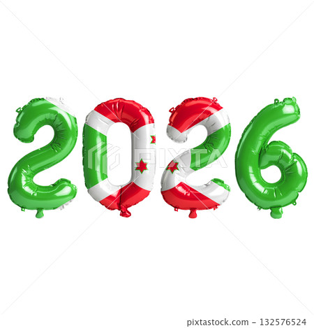 Burundi flag colors 2026 3d illustration, balloon numbers 3d rendering on t.. Burundi flag colors 2026 3d illustration, balloon numbers 3d rendering on t.. 132576524