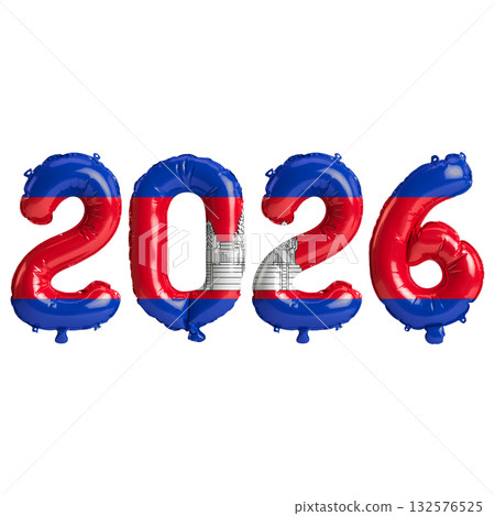 Cambodia flag colors 2026 3d illustration, balloon numbers 3d rendering on .. Cambodia flag colors 2026 3d illustration, balloon numbers 3d rendering on .. 132576525