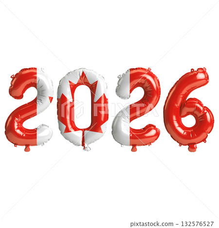 Canada flag colors 2026 3d illustration, balloon numbers 3d rendering on tr.. Canada flag colors 2026 3d illustration, balloon numbers 3d rendering on tr.. 132576527