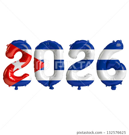 Cuba flag colors 2026 3d illustration, balloon numbers 3d rendering on tran.. 132576625