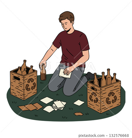 Young man recycling glass bottles with cardboard sorting on grass vector illustration 132576668