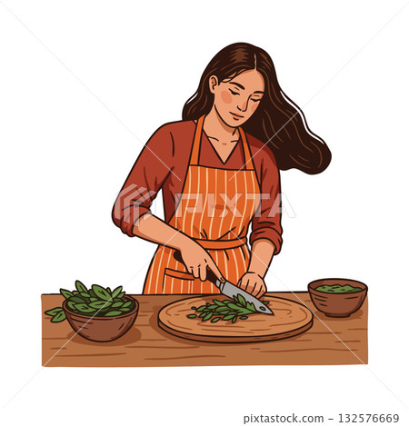 Woman chopping fresh green herbs on wooden board in kitchen vector illustration Woman chopping fresh green herbs on wooden board in kitchen vector illustration 132576669
