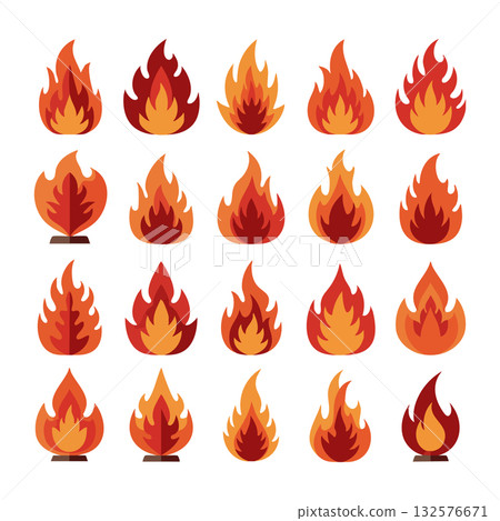Fire icons collection with orange and red flames vector illustration set for design projects 132576671