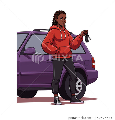 Young woman holding car keys standing beside purple SUV vehicle in casual clothing 132576673
