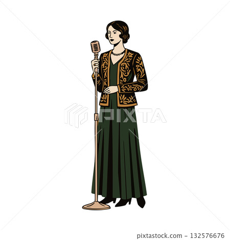 Vintage female singer in long green dress holding microphone vector illustration 132576676